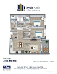A floor plan of a two bedroom apartment at Hyde Park Village.