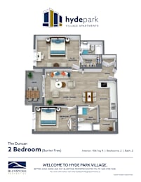 A floor plan for a 2 bedroom barrier free apartment at Hyde Park Village.