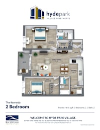 A floor plan for a 2 bedroom apartment at Hyde Park Village.