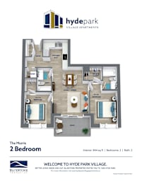 A floor plan of a 2 bedroom apartment at Hyde Park Village.
