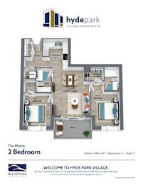 A floor plan for a 2 bedroom apartment at Hyde Park Village.