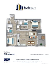 A floor plan for a 2 bedroom apartment at Hyde Park Village.