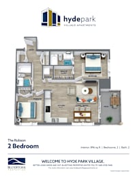 A floor plan of a 2 bedroom apartment at Hyde Park Village.