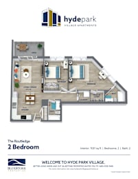 A floor plan of a 2 bedroom apartment at Hyde Park Village.