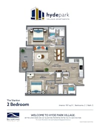 A floor plan for a 2 bedroom apartment at Hyde Park Village.