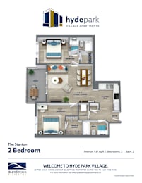 A floor plan of a 2 bedroom apartment at Hyde Park Village.