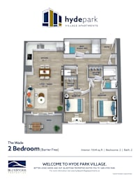 A floor plan of a 2 bedroom barrier free apartment at Hyde Park Village Apartments.