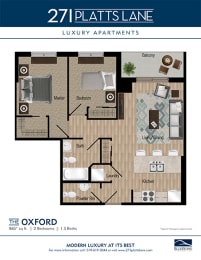 The Oxford Accessible Apartment - 2 bedrooms, 1.5 bathrooms, 865 square feet with balcony.