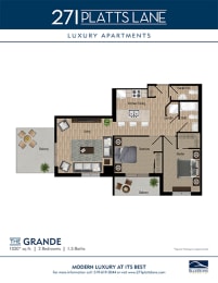 The grande. large apartment floorplan with 2 bedrooms and 1.5 bathrooms, 1020 square feet, with balcony