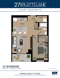 Floorplan of the Riverside apartment- 1 bedroom, 1 bathroom 685 square feet with balcony