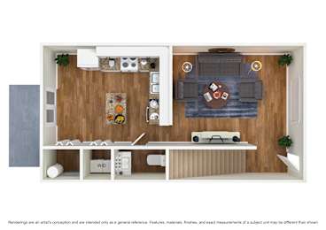 A top-down view of a living room with a couch, coffee table, and kitchen area.