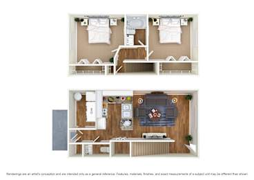A floor plan of a two-bedroom apartment with a living room and kitchen.