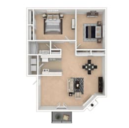 A top-down view of a house layout with a kitchen, living room, and bathroom.