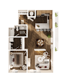 A top-down view of a kitchen with a dining table and chairs.