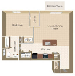 A floor plan of a small apartment with a bedroom, living/dining room, kitchen, bathroom, and laundry room.