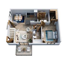 A top-down view of a modern apartment layout with a kitchen, living room, and bedrooms.