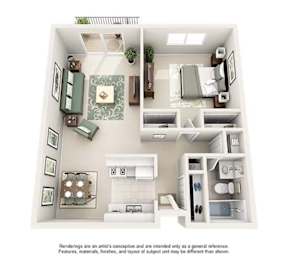 A 3D floor plan of a small apartment with a kitchen, living room, and bathroom.