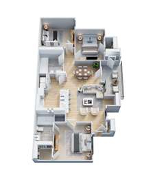 A 3D floor plan of a house with a living room, dining room, kitchen, and bedrooms.