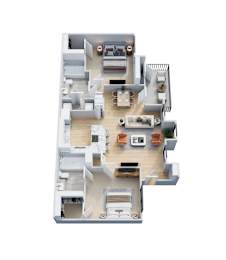 A 3D floor plan of a house with a kitchen, living room, and bedrooms.