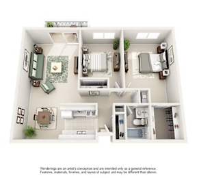 A drawing of a house with a kitchen, living room, and two bedrooms.