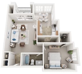 A 3D floor plan of a house with a living room, kitchen, and bathroom.