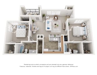 A 3D floor plan of a house with a kitchen, living room, and two bedrooms.