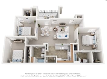 A 3D floor plan of a house with multiple rooms and furniture.