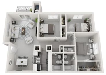 A 3D floor plan of a house with a kitchen, living room, and bathroom.