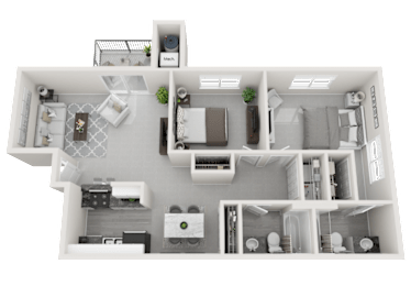 A 3D floor plan of a house with a kitchen, living room, and bathroom.