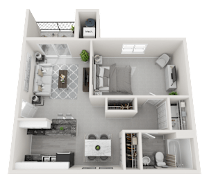 A 3D floor plan of a small apartment with a kitchen, living room, and bathroom.