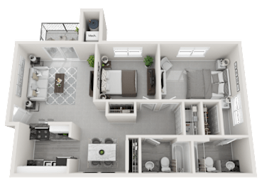 A 3D floor plan of a house with a kitchen, living room, and bathroom.