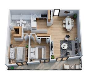 A top-down view of a modern apartment with a kitchen, living room, and dining area.