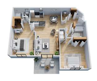 A top-down view of a modern apartment layout with a kitchen, living room, dining area, and bedrooms.