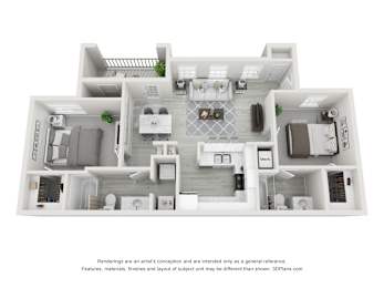 A 3D floor plan of a house with a kitchen, living room, and two bedrooms.