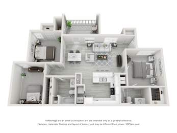 A 3D floor plan of a house with a kitchen, living room, and two bedrooms.