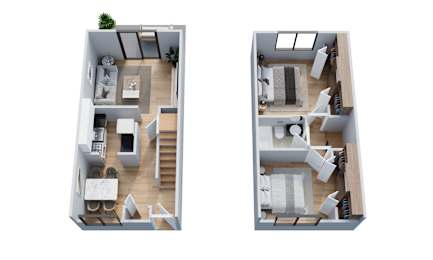 Two images of a house layout with a living room, kitchen, and bedrooms.