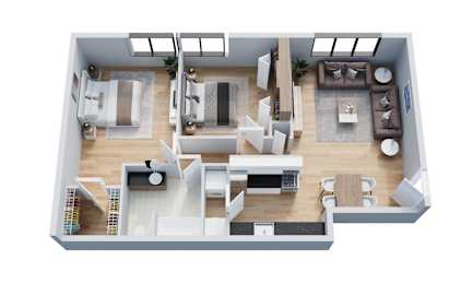 A top-down view of a modern apartment with a kitchen, living room, and bathroom.