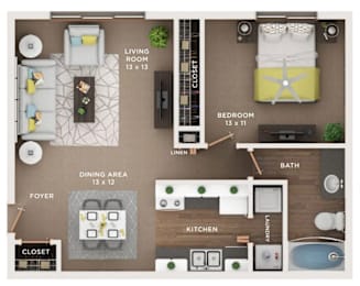 A floor plan of a small apartment with a living room, dining area, kitchen, bathroom, and bedroom.
