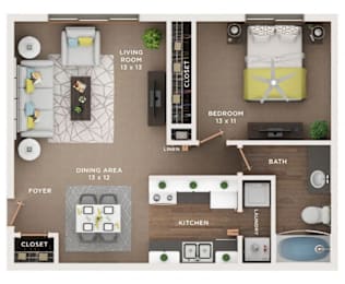 A floor plan of a small apartment with a living room, dining area, kitchen, bathroom, and bedroom.