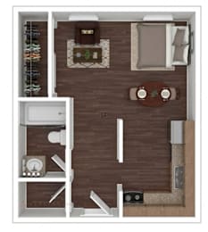 A top-down view of a room with a couch, coffee table, and a bed.