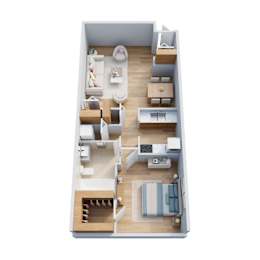 A top-down view of a small apartment with a bedroom, living room, and kitchen.