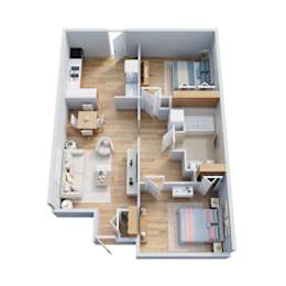 A top-down view of a modern apartment layout with a kitchen, living room, and bedrooms.