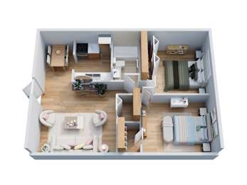 A top-down view of a small apartment with a living room, kitchen, and bedroom.