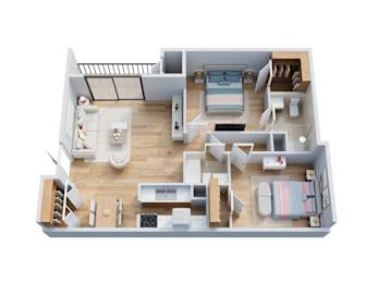 A top-down view of a small apartment with a bedroom, living room, and kitchen.