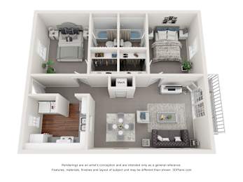 A 3D floor plan of a small apartment with a kitchen, living room, and bedroom.