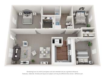 A 3D floor plan of a house with two bedrooms, a living room, a kitchen, and a bathroom.