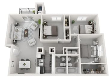 A 3D floor plan of a house with labeled rooms.