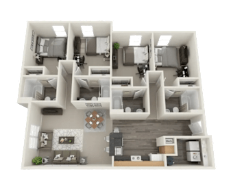 A 3D floor plan of a house with two bedrooms, a living room, a kitchen, and a bathroom.