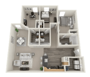 A detailed 3D floor plan of a house layout.