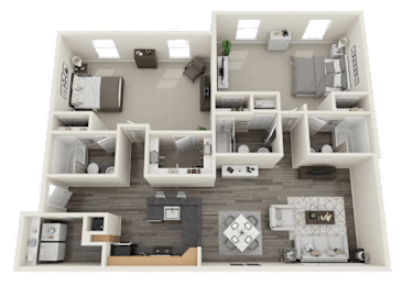 A detailed 3D floor plan of a two-bedroom apartment.